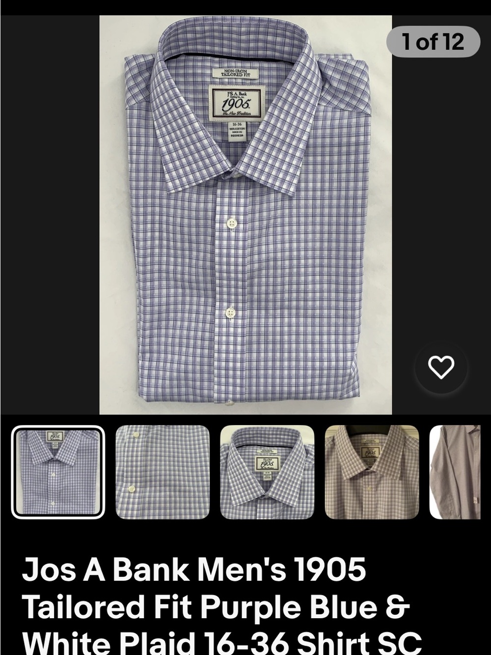 Jos A Bank Men's 1905 Tailored Fit Purple Blue & White Plaid 16-36 Shirt SC NWT